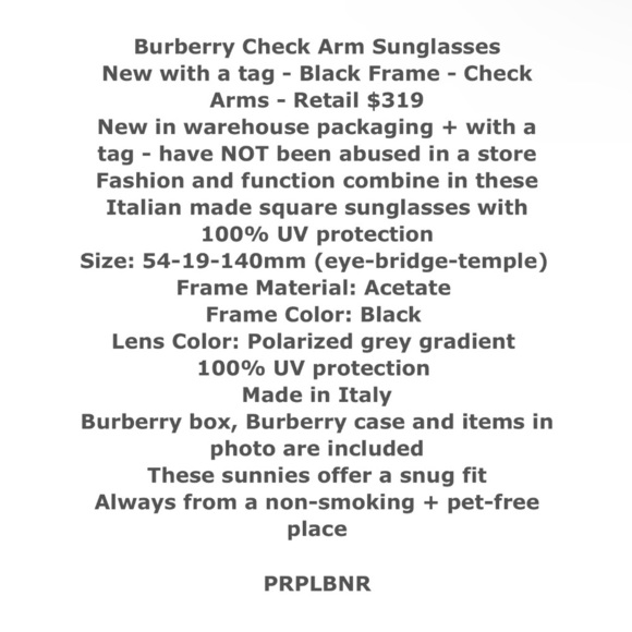 $319 Burberry Checked Arms Sunglasses Gray Polarized Lens Black Front Front NIB main image 6